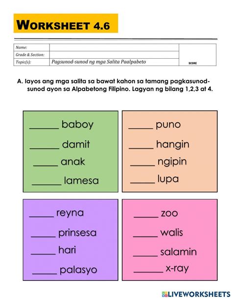 Paalpabeto ng mga salita worksheets grade 1